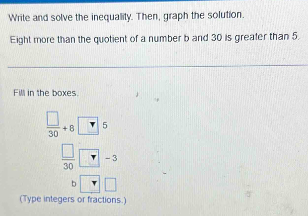 Write and solve the inequality. Then, graph the solution. 
Eight more than the quotient of a number b and 30 is greater than 5. 
Fill in the boxes.
 □ /30 +8^* 5
 □ /30  - 3
b r □ 
(Type integers or fractions.)