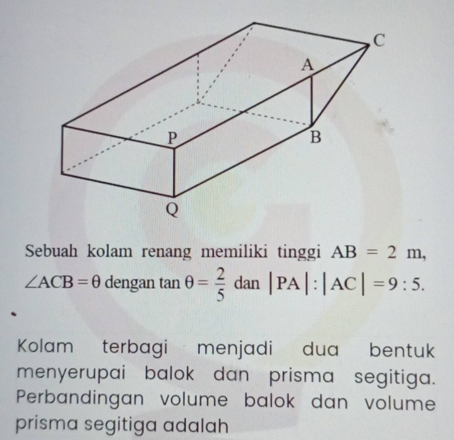 Sebuah kolam renang memiliki tinggi AB=2m,
∠ ACB=θ dengan tan θ = 2/5  dan |PA|:|AC|=9:5. 
. 
Kolam terbagi menjadi dua bentuk 
menyerupai balok dan prisma segitiga. 
Perbandingan volume balok dan volume 
prisma segitiga adalah