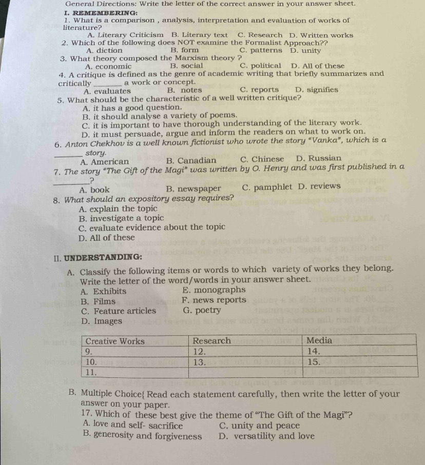 General Directions: Write the letter of the correct answer in your answer sheet.
I. REMEMBERING:
1. What is a comparison , analysis, interpretation and evaluation of works of
literature? C. Research D. Written works
A. Literary Criticism B. Literary text
2. Which of the following does NOT examine the Formalist Approach??
A. diction B. form C. patterns D. unity
3. What theory composed the Marxism theory ?
A. economic B. social C. political D. All of these
4. A critique is defined as the genre of academic writing that briefly summarizes and
critically _a work or concept.
A. evaluates B. notes C. reports D. signifies
5. What should be the characteristic of a well written critique?
A. it has a good question.
B. it should analyse a variety of poems.
C. it is important to have thorough understanding of the literary work.
D. it must persuade, argue and inform the readers on what to work on.
6. Anton Chekhov is a well known fictionist who wrote the story “Vanka”, which is a
_story.
A. American B. Canadian C. Chinese D. Russian
7. The story “The Gift of the Magi” was written by O. Henry and was first published in a
_?
A. book B. newspaper C. pamphlet D. reviews
8. What should an expository essay requires?
A. explain the topic
B. investigate a topic
C. evaluate evidence about the topic
D. All of these
Ⅱ. UNDERSTANDING:
A. Classify the following items or words to which variety of works they belong.
Write the letter of the word/words in your answer sheet.
A. Exhibits E. monographs
B. Films F. news reports
C. Feature articles G. poetry
D. Images
B. Multiple Choice Read each statement carefully, then write the letter of your
answer on your paper.
17. Which of these best give the theme of “The Gift of the Magi”?
A. love and self- sacrifice C. unity and peace
B. generosity and forgiveness D. versatility and love