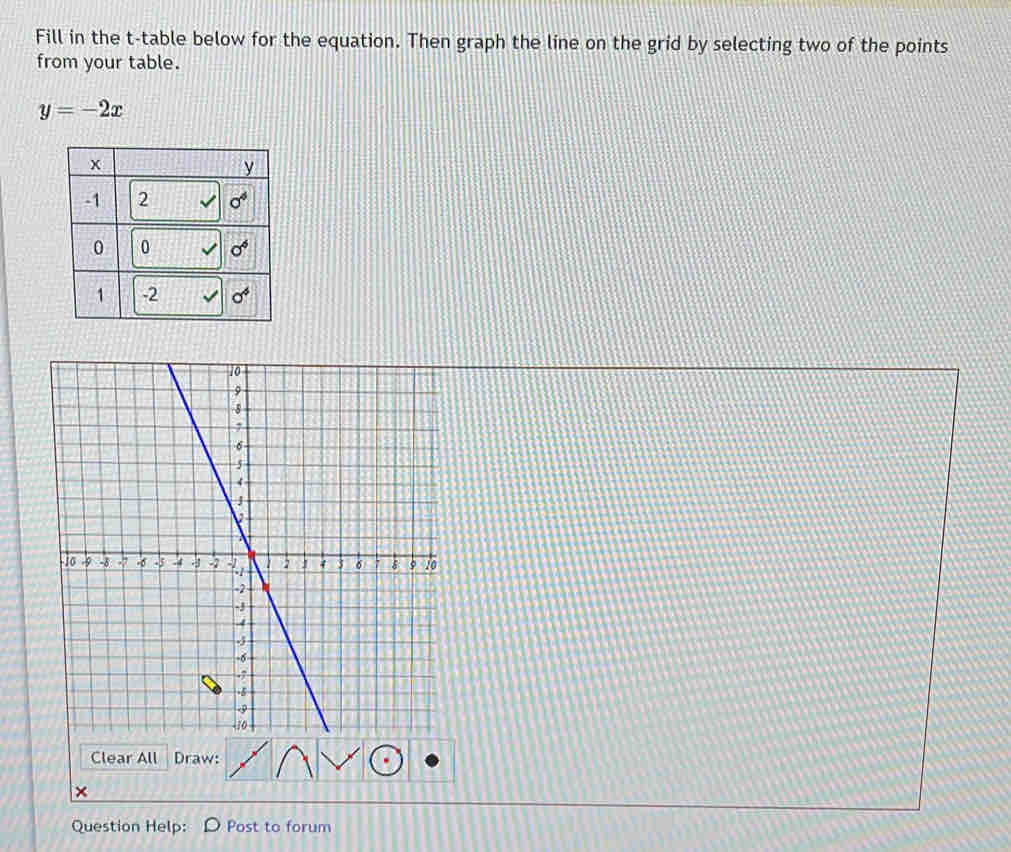 Fill in the t-table below for the equation. Then graph the line on the grid by selecting two of the points
from your table.
y=-2x
Clear All Draw:
×
Question Help: Post to forum