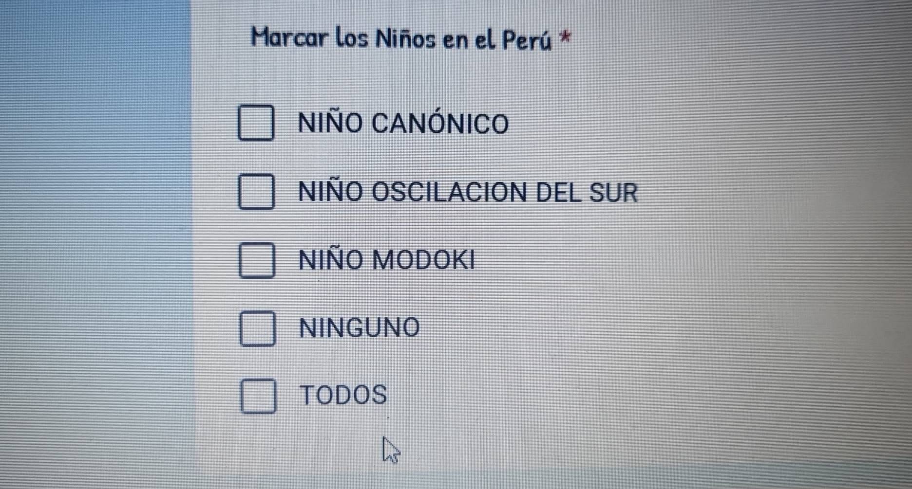 Marcar los Niños en el Perú *
NIÑO CANÓNICO
NIÑO OSCILACION DEL SUR
NIÑO MODOKI
NINGUNO
TODOS