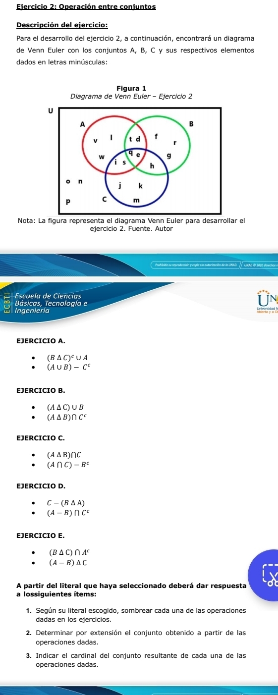 Operación entre conjuntos 
Descripción del ejercicio: 
Para el desarrollo del ejercicio 2, a continuación, encontrará un diagrama 
de Venn Euler con los conjuntos A, B, C y sus respectivos elementos 
dados en letras minúsculas: 
Figura 1 
Nota: La figura representa el diagrama Venn Euler para desarrollar el 
ejercicio 2. Fuente. Autor 
Prohibida su reproducción y copia sin autorización de la UNAD. / UNAD © 2020 derechos e 
Escuela de Ciencias 
TN 
Básicas, Tecnología e 
a Ingeniería 
EJERCICIO A.
(B△ C)^c∪ A
(A∪ B)-C^c
EJERCICIO B.
(A△ C)∪ B
(A△ B)∩ C^c
EJERCICIO C.
(A△ B)∩ C
(A∩ C)-B^c
EJERCICIO D.
C-(B△ A)
(A-B)∩ C^c
EJERCICIO E.
(B△ C)∩ A^c
(A-B)△ C
A partir del literal que haya seleccionado deberá dar respuesta 
a lossiguientes ítems: 
1. Según su literal escogido, sombrear cada una de las operaciones 
dadas en los ejercicios. 
2. Determinar por extensión el conjunto obtenido a partir de las 
operaciones dadas 
3. Indicar el cardinal del conjunto resultante de cada una de las 
operaciones dadas.