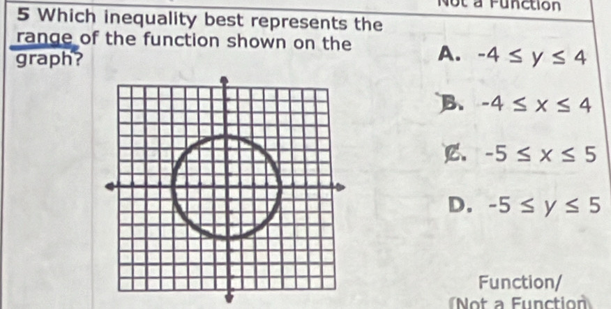 Not à Function
5 Which inequality best represents the
range of the function shown on the
A.
graph? -4≤ y≤ 4
B、 -4≤ x≤ 4
C. -5≤ x≤ 5
D. -5≤ y≤ 5
Function/
Not a Function