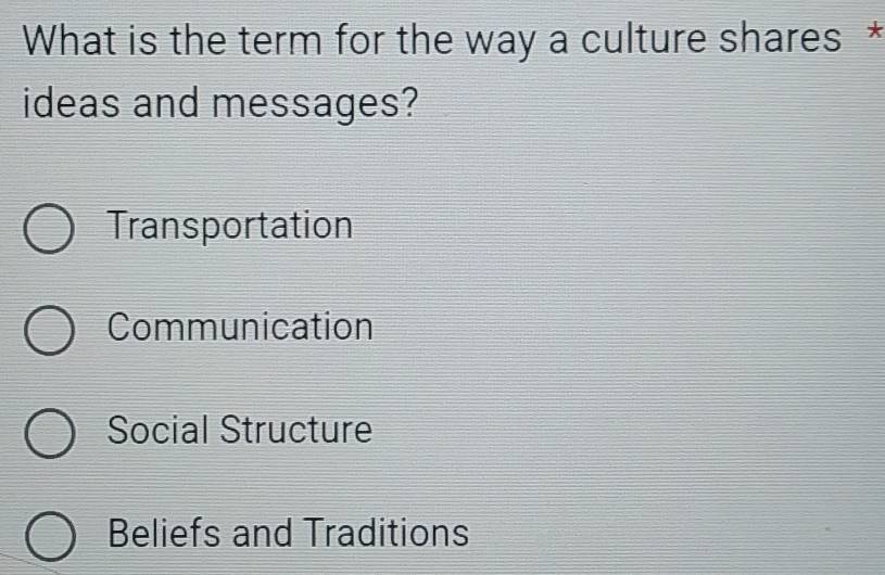 What is the term for the way a culture shares *
ideas and messages?
Transportation
Communication
Social Structure
Beliefs and Traditions