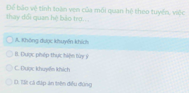 Để bảo vệ tính toàn vẹn của mối quan hệ theo tuyến, việc
thay dổi quan hệ bảo trợ...
A. Không được khuyến khích
B. Được phép thực hiện tùy ý
C. Được khuyến khích
D. Tất cả đáp án trên đều đúng