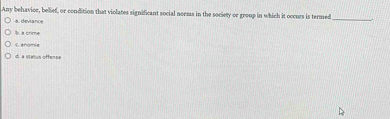 Any behavior, belief, or condition that violates significant social norms in the society or group in which it occurs is termed _.
a. deviance
b. a crime
c. anomie
d. a status offense