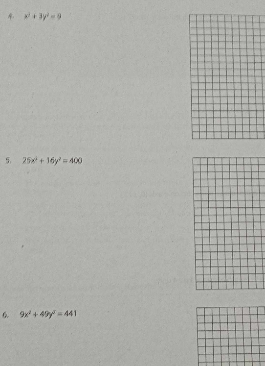 x^2+3y^2=9
5, 25x^2+16y^2=400
6. 9x^2+49y^2=441