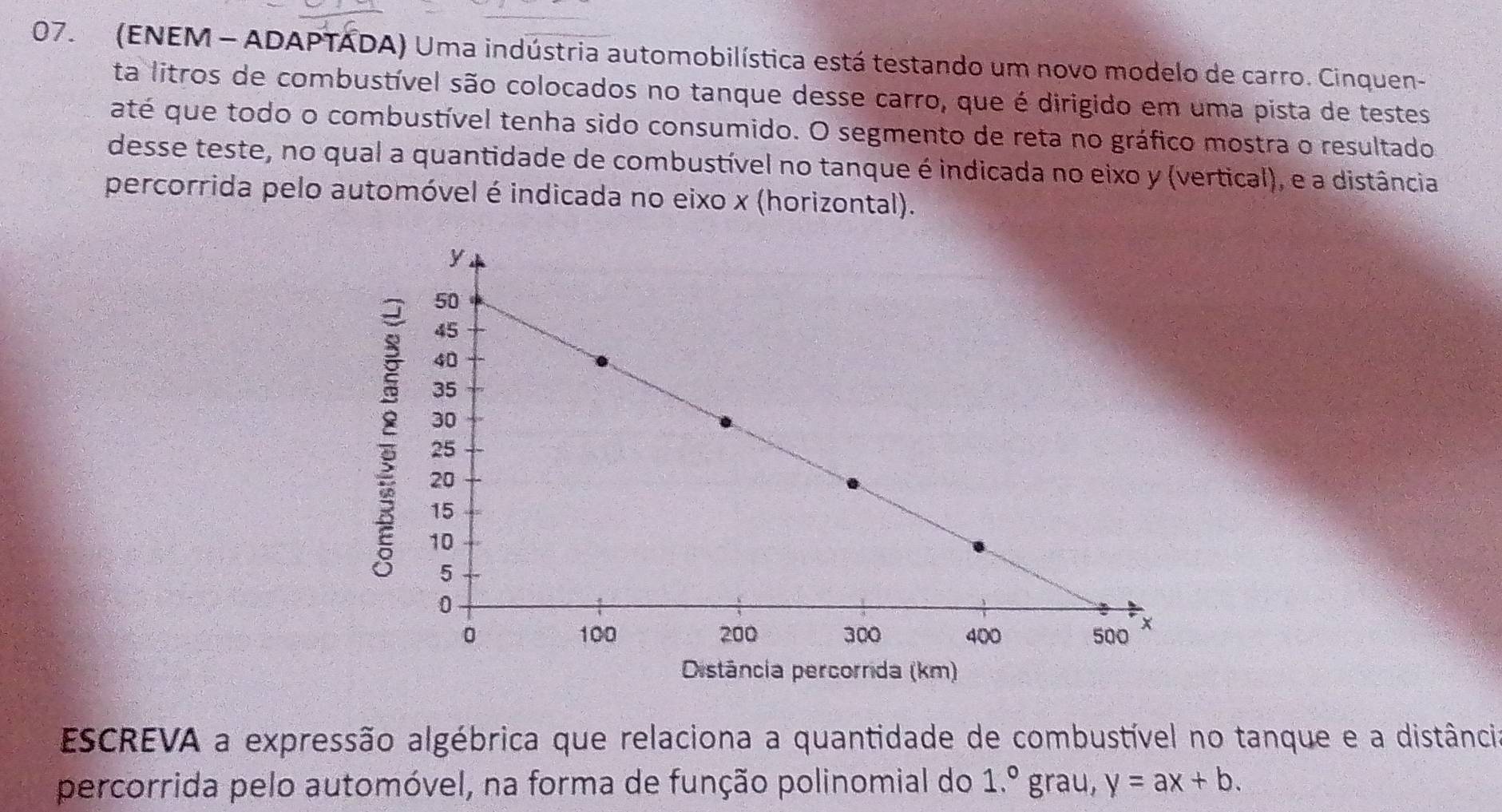 (ENEM - ADAPTADA) Uma indústria automobilística está testando um novo modelo de carro. Cinquen- 
ta litros de combustível são colocados no tanque desse carro, que é dirigido em uma pista de testes 
até que todo o combustível tenha sido consumido. O segmento de reta no gráfico mostra o resultado 
desse teste, no qual a quantidade de combustível no tanque é indicada no eixo y (vertical), e a distância 
percorrida pelo automóvel é indicada no eixo x (horizontal). 
: 
Distância percorrida (km) 
ESCREVA a expressão algébrica que relaciona a quantidade de combustível no tanque e a distância 
percorrida pelo automóvel, na forma de função polinomial do 1° grau, y=ax+b.