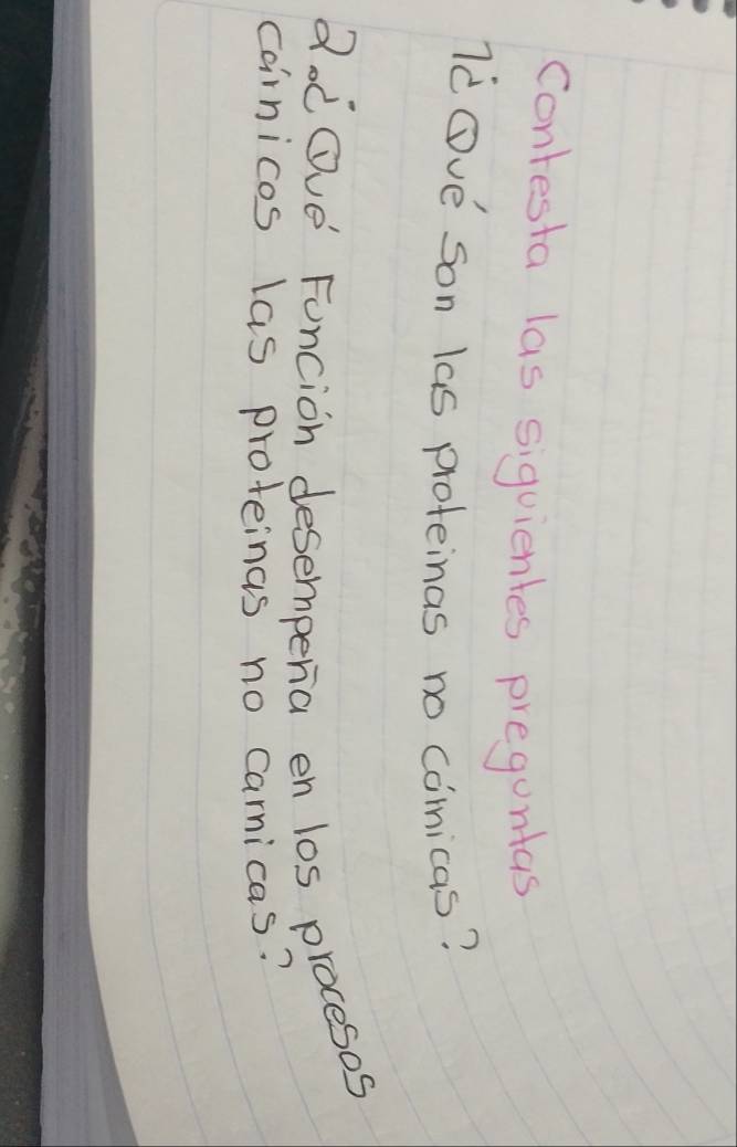 Contesta las siguientes preguntas 
lc Ove son las proteinas no comicas? 
QoL Ove' Funcion desemperia en los procesos 
carnicos las proteinas no carnicas?