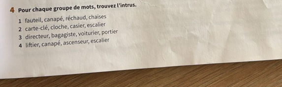 Pour chaque groupe de mots, trouvez l’intrus.
1 fauteil, canapé, réchaud, chaises
2 carte-clé, cloche, casier, escalier
3 directeur, bagagiste, voiturier, portier
4 liftier, canapé, ascenseur, escalier