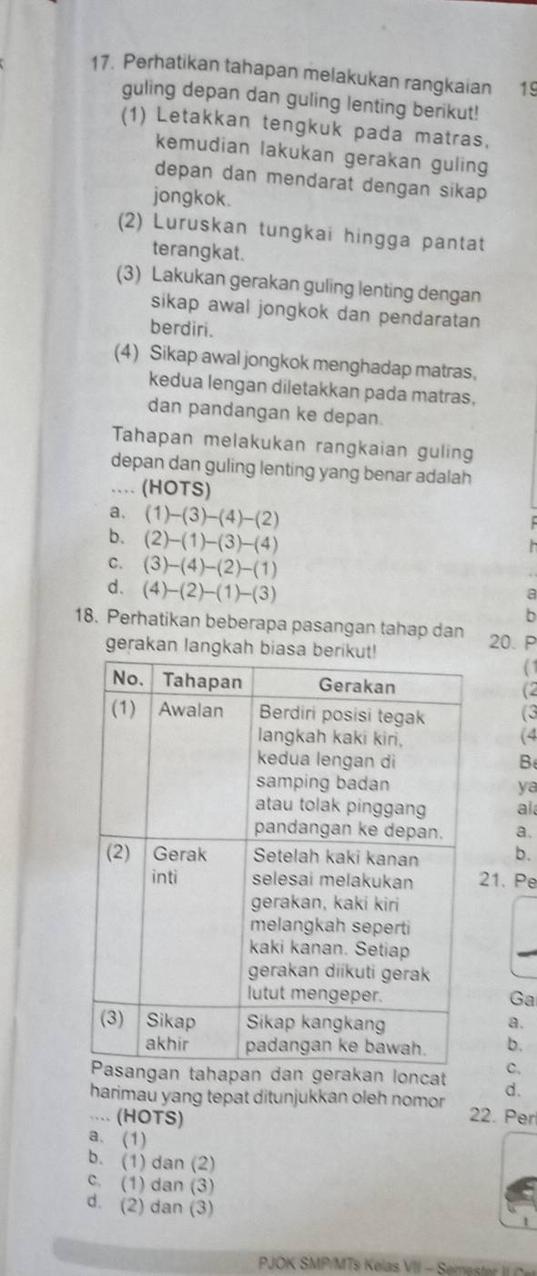 Perhatikan tahapan melakukan rangkaian 19
guling depan dan guling lenting berikut!
(1) Letakkan tengkuk pada matras,
kemudian lakukan gerakan guling
depan dan mendarat dengan sikap
jongkok.
(2) Luruskan tungkai hingga pantat
terangkat.
(3) Lakukan gerakan guling lenting dengan
sikap awal jongkok dan pendaratan 
berdiri.
(4) Sikap awal jongkok menghadap matras,
kedua lengan diletakkan pada matras.
dan pandangan ke depan.
Tahapan melakukan rangkaian guling
depan dan guling lenting yang benar adalah
(HOTS)
a. (1)-(3)-(4)-(2)

b. (2)-(1)-(3)-(4)
C. (3)-(4)-(2)-(1)
d. (4)-(2)-(1)-(3)
a
b
18. Perhatikan beberapa pasangan tahap dan 20. P
gerakan langkah biasa b
(1
(2
(3
(4
B
ya
al
a.
b.
21. Pe
Ga
a.
b.
pan dan gerakan loncatC.
d.
harimau yang tepat ditunjukkan oleh nomor 
.... (HOTS) 22. Per
a. (1)
b. (1) dan (2)
c. (1) dan (3)
d. (2) dan (3)
PJOK SMP/MTs Kelas VII - Semester II C