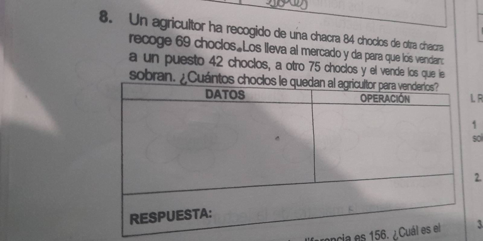 Un agricultor ha recogido de una chacra 84 choclos de otra chacra 
recoge 69 choclos.Los lleva al mercado y da para que los vendan: 
a un puesto 42 choclos, a otro 75 choclos y el vende los que le 
sobran. 
R 
1 
ol 
2. 
ncia es 156. ¿C 
3