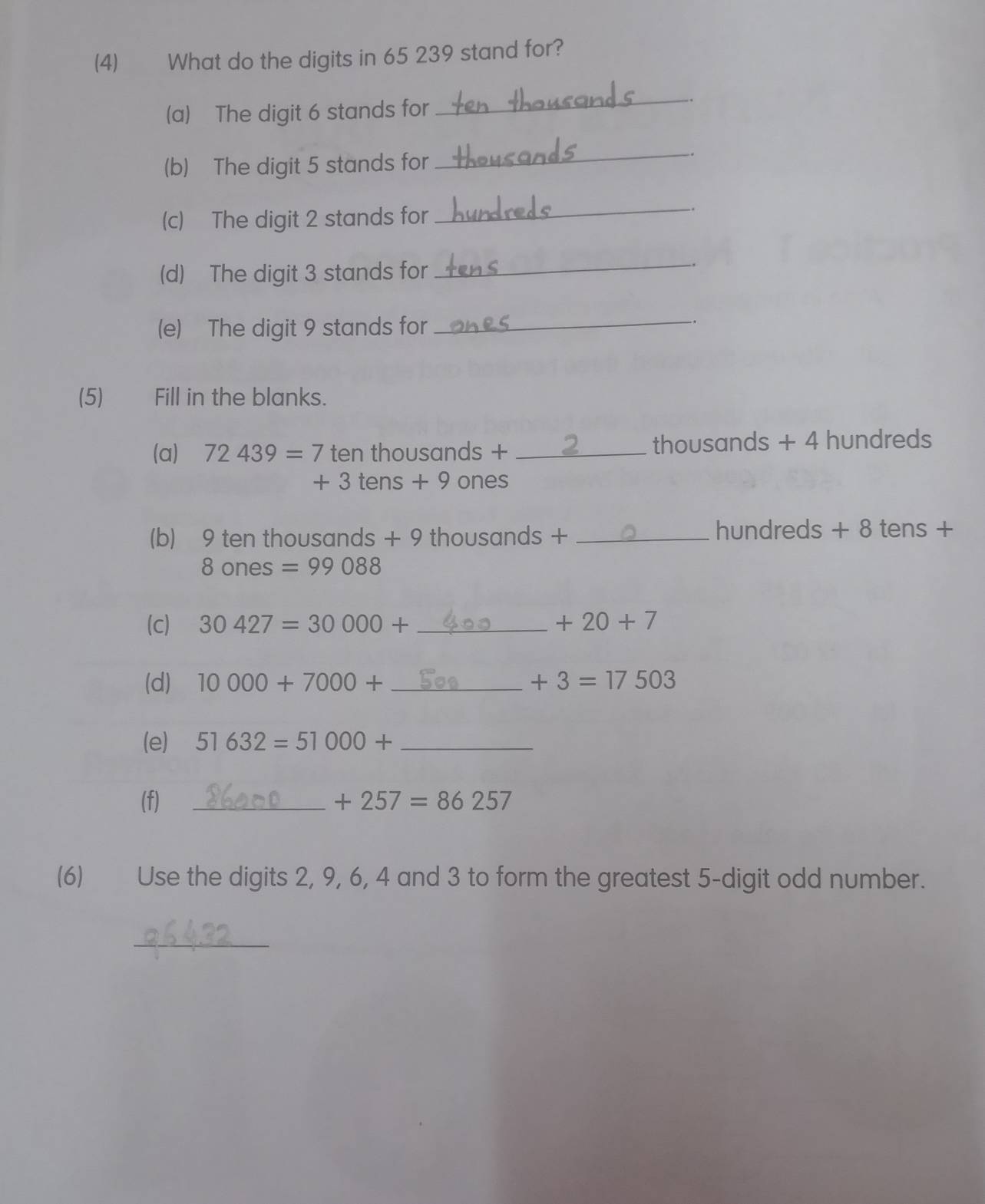 (4) What do the digits in 65 239 stand for? 
(a) The digit 6 stands for 
_ 
(b) The digit 5 stands for 
_。 
(c) The digit 2 stands for 
_. 
(d) The digit 3 stands for 
_ 
(e) The digit 9 stands for_ 
-. 
(5) Fill in the blanks. 
(a) 72439=7 ten thousands + _ thousands + 4 hundreds
+3 tens + 9 ones 
(b) 9 ten thousands + 9 thou sands+ _ hundreds + 8 tens +
8 ones =99088
(c) 30427=30000+ _  +20+7
(d) 10000+7000+ _  +3=17503
(e) 51632=51000+ _ 
(f) _ +257=86257
(6) Use the digits 2, 9, 6, 4 and 3 to form the greatest 5 -digit odd number. 
_