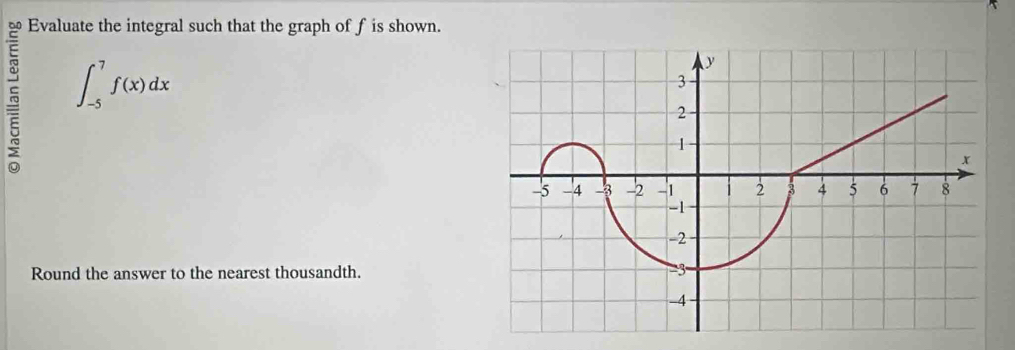 Evaluate the integral such that the graph of f is shown. 
5 ∈t _(-5)^7f(x)dx
Round the answer to the nearest thousandth.