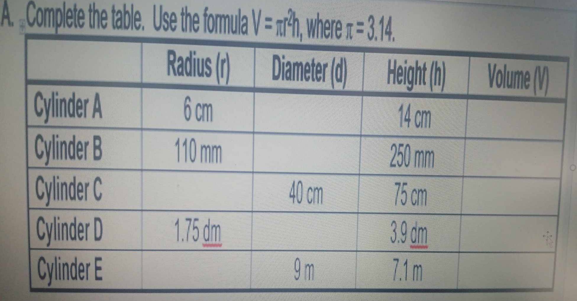 Complete the table. Use the formula V=π r^2h ), where π =3.14,