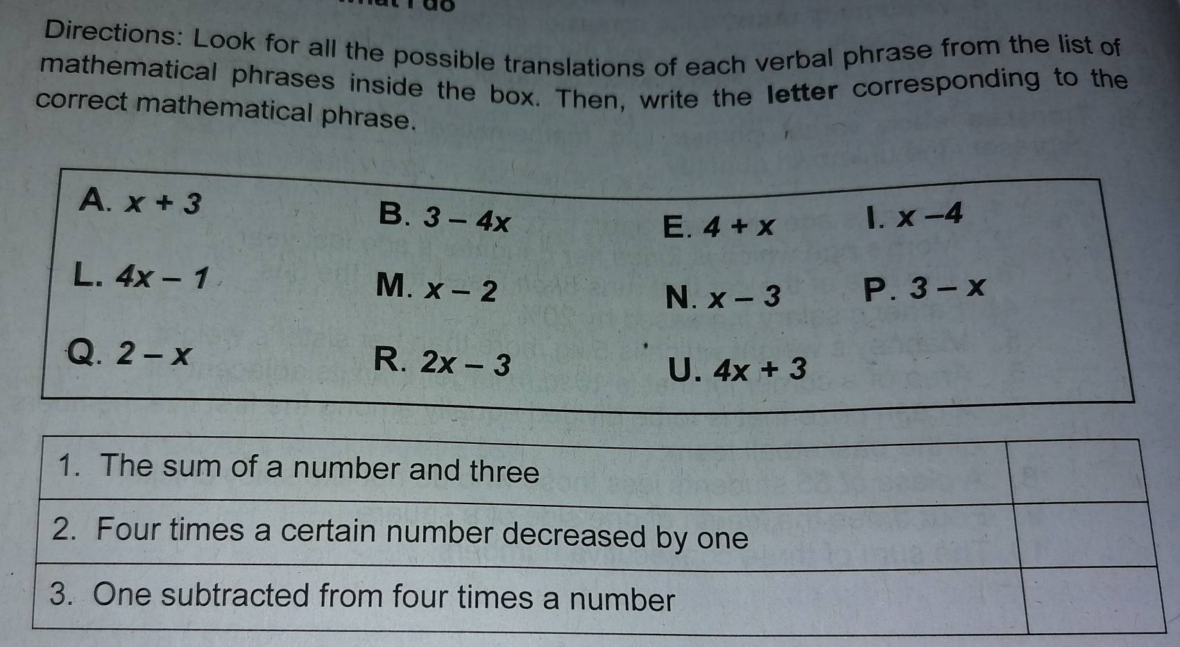 do
Directions: Look for all the possible translations of each verbal phrase from the list of
mathematical phrases inside the box. Then, write the letter corresponding to the
correct mathematical phrase.