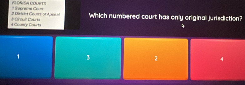 FLORIDA COURTS
1 Supreme Court
2 District Courts of Appeal Which numbered court has only original jurisdiction?
3 Circuit Courts
4 County Courts
1
3
2
4