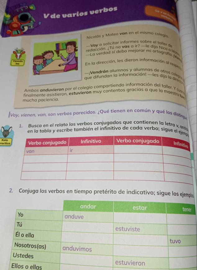 and 
V de varios verbos 
Lay 
Nicolás y Mateo van en el mismo colegía 
—Voy a solicitar informes sobre el taller de 
redacción. ¿Tú no vas a ir? —le dijo Nico a Mote 
—La verdad sí debo mejorar mi ortografía Vr 
VenadoEn la dirección, les dieron información al respen 
—:Vendrán alumnos y alumnas de otros coleg 
que difundan la información! —les dijo la directn 
Ambos anduvieron por el colegio compartiendo información del taller. Y cum 
finalmente asistieron, estuvieron muy contentos gracias a que la maestra tww 
mucha paciencia. 
|Voy, vienen, van, son verbos parecidos. ¿Qué tienen en común y qué los distingu 
1. Busca en el relato los verbos conjugados que contienen la letra v, anóte 
en la tabla y escribe también el infinitivo de cada verbo; sigue el eje 
Xolo 
racti 
2. Conjuga los verbos en tiempo pretérito de indicativo; sigue los ejemplos 
os o ellas