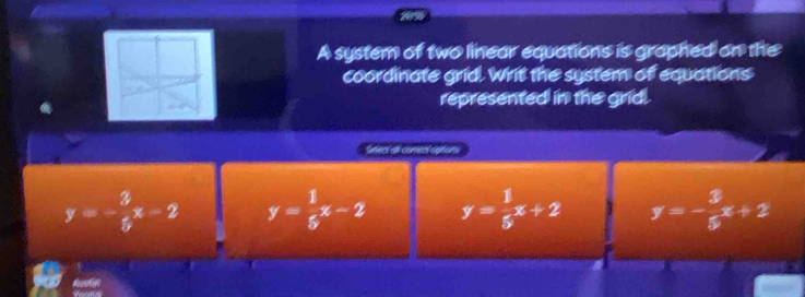 A syster of two linear equations is graphed on the
coordinate grid. Writ the system of equations
represented in the grid.
Suecs dl comedl aptars
y=- 3/5 x-2 y= 1/5 x-2 y= 1/5 x+2 y=- 3/5 x+2