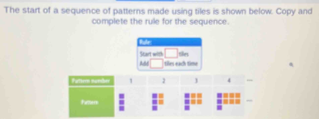 The start of a sequence of patterns made using tiles is shown below. Copy and
complete the rule for the sequence.