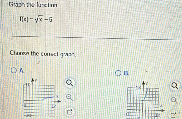 Graph the function.
f(x)=sqrt(x)-6
Choose the correct graph. 
A. 
B.