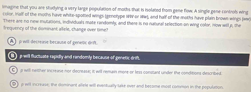 imagine that you are studying a very large population of moths that is isolated from gene flow. A single gene controls wing
color. Half of the moths have white-spotted wings (genotype WW or Ww), and half of the moths have plain brown wings (ww)
There are no new mutations, individuals mate randomly, and there is no natural selection on wing color. How will p, the
frequency of the dominant allele, change over time?
Ap will decrease because of genetic drift.
B) p will fluctuate rapidly and randomly because of genetic drift.
C p will neither increase nor decrease; it will remain more or less constant under the conditions described.
D p will increase; the dominant allele will eventually take over and become most common in the population.