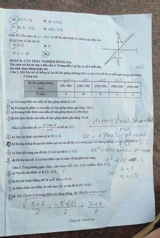 A A(2;3;-1). B. A(-2;3;1).
C. A(-2;-3;1). D, A(2;-3;1).
Câu 12. Cho hàm số y=f(x) có đồ thị như hình vẽ. Điểm cực tiểu c
đổ thị hàm số đã cho là
A. (1;2). B. 2
C. (-1;-2). D.1.
phân II cÂu trÁc nghIệM đúng sai.
Thí sinh trả lời từ câu 1 đến cầu 4. Trong mỗi  a ,b),c),d D ở mỗi c
thí sinh chọn đúng hoặc sai.
Câu 1. Một bắc tài xế thống kê lại độ dài quãng đường (đơn vị: km) bác đã lái xe mỗi ngày trong một tháng
ở bảng sau:
* a) Số trung bình của mẫu số liệu ghép nhóm là 145.
b) Khoảng tứ phân vị của mẫu số liệu ghép nhóm gần bằng 79,17 .
c) Khoảng biển thiên của mẫu số liệu ghép nhóm là 250 (km).
- d) Độ lệch chuẩn của mẫu số liệu ghép nhóm gần bằng 55,68
Câu 2. Cho hàm số y= (x^2+4x+7)/x+1  có đồ thị (C).
* a) Tập xác định của hàm số là Rvee (-1 .
( b) Đường thẳng đi qua hai điểm cực trị của đồ thị (C) vuỡng góc với đường thẳng y=mx+2 025 thì m= 1/2 .
c) Tâm đổi xứng của đồ thị (C)có tọa độ là (-1;2).
d) Đồ thị hàm số (C) có hai điểm cực trị nằm về hai phía trục tung.
Cầu 3. Trong không gian Oxyz , cho véctơ vector OA=(2,-1;5) và điểm B(5;-5;7).
a) Tọa độ của điểm A là (2;-1;5).
b) Độ dài đoạn thẳng AB là asqrt(b) thì a+b=3.
c) Hình chiếu của điểm B trên trục Oy có tọa độ là (0;-5;0)
a d). Gọi I(a;b;c) là trung điểm của đoạn thẳng AB . Khi đó a+b+c=6,5
Trang 3/4 - Mã đễ 104