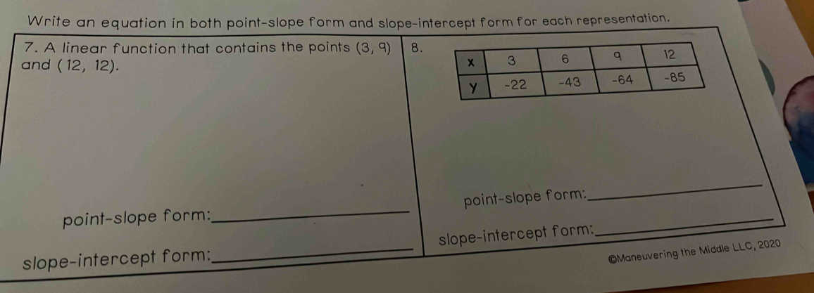 Write an equation in both point-slope form and slope-intercept form for each representation. 
7. A linear function that contains the points (3,9) 8. 
and (12,12). 
point-slope form:_ point-slope form:_ 
_ 
slope-intercept form: _slope-intercept form: 
©Maneuvering the Middle LLC, 2020