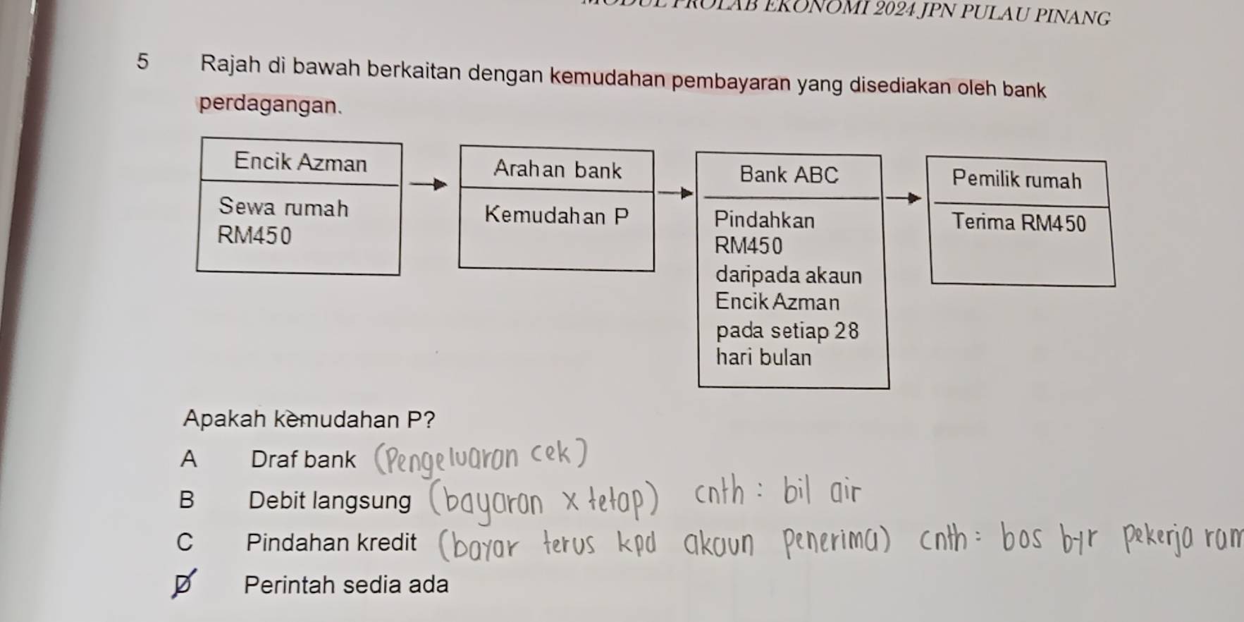 RÜLAB ERÜNOMI 2024 JPN PULAU PINANG
5 Rajah di bawah berkaitan dengan kemudahan pembayaran yang disediakan oleh bank
perdagangan.
Encik Azman Arahan bank Bank ABC Pemilik rumah
Sewa rumah Kemudahan P Pindahkan Terima RM450
RM450
RM450
daripada akaun
Encik Azman
pada setiap 28
hari bulan
Apakah kemudahan P?
A Draf bank
B Debit langsung
C Pindahan kredit
Perintah sedia ada