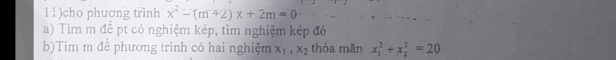 11)cho phương trình x^2-(m+2)x+2m=0
a) Tim m để pt có nghiệm kép, tìm nghiệm kép đó
b)Tìm m để phương trình có hai nghiệm x_1, x_2 thỏa mãn x_1^2+x_2^2=20