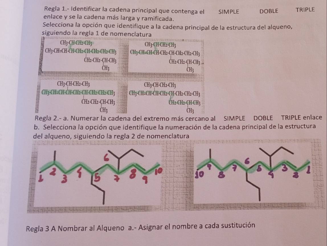 Regla 1.- Identificar la cadena principal que contenga el SIMPLE DOBLE TRIPLE
enlace y se la cadena más larga y ramificada.
Selecciona la opción que identifique a la cadena principal de la estructura del alqueno,
siguiendo la regla 1 de nomenclatura
CH_3-CH· CH_2-CH_3
CH_3-CH=CH-CH_2-CH-CH_2-CH3 beginarrayr CH_3CH(H)CH_3CH_2CH_3 CH_3CH_2H_3CH_2OH_3 CH_3CH_3CH_2O
CH_2· CH_2·  H-CH_3 CH_3endarray.
CH_3-CH-CH_2-CH_3
CH3-CH-CH2-CH3
CH3-CH=CH-CH CH_2-CH-CH_2-CH_2-CH_3 CH_3· CH=CH· CH_2· CH_2· CH_2· CH_3 CH_2· CH_2· CH_2 CH_2· CH_2· CH· CH_3
beginarrayr CH_2· H_2· CH-CH_3 CH_3endarray
Regla 2.- a. Numerar la cadena del extremo más cercano al SIMPLE DOBLE TRIPLE enlace
b. Selecciona la opción que identifique la numeración de la cadena principal de la estructura
del alqueno, siguiendo la regla 2 de nomenclatura
Regla 3 A Nombrar al Alqueno a.- Asignar el nombre a cada sustitución