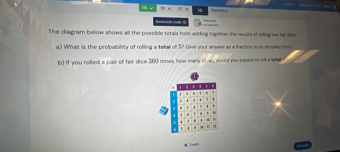 1A 1B* 1C* 1D Summary 
Calculator 
Bookwork code: ID not allowed 
The diagram below shows all the possible totals from adding together the results of rolling two fair dice. 
a) What is the probability of rolling a total of 5? Give your answer as a fraction in its simplest form. 
b) If you rolled a pair of fair dice 360 times, how many times would you expect to roll a total 
. 
Q Zoom 
Answar