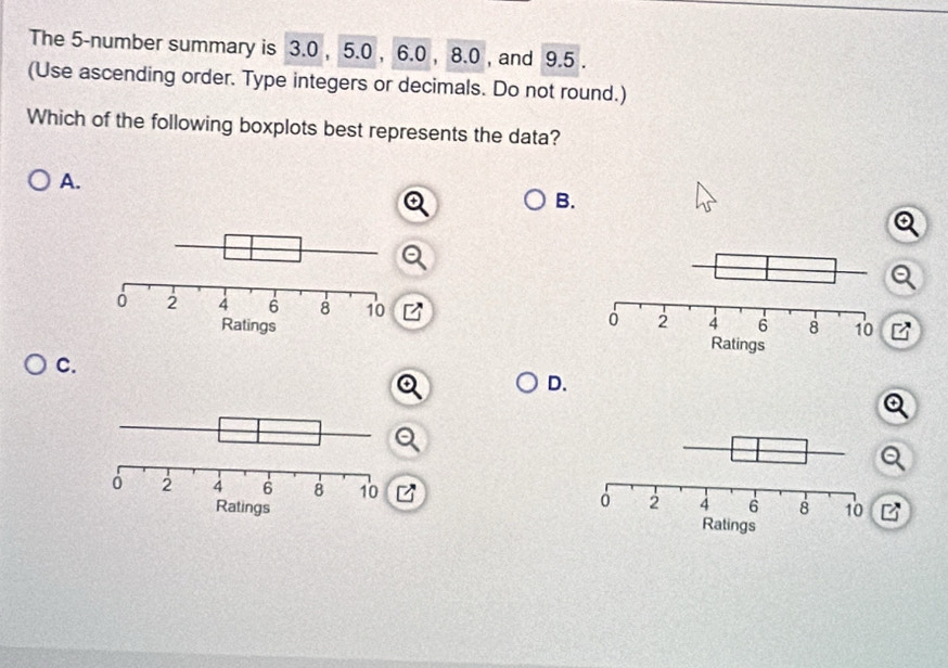 The 5 -number summary is 3.0 , 5.0 , 6.0 , 8.0 , and 9.5. 
(Use ascending order. Type integers or decimals. Do not round.) 
Which of the following boxplots best represents the data? 
A. 
B. 


C. 
D.