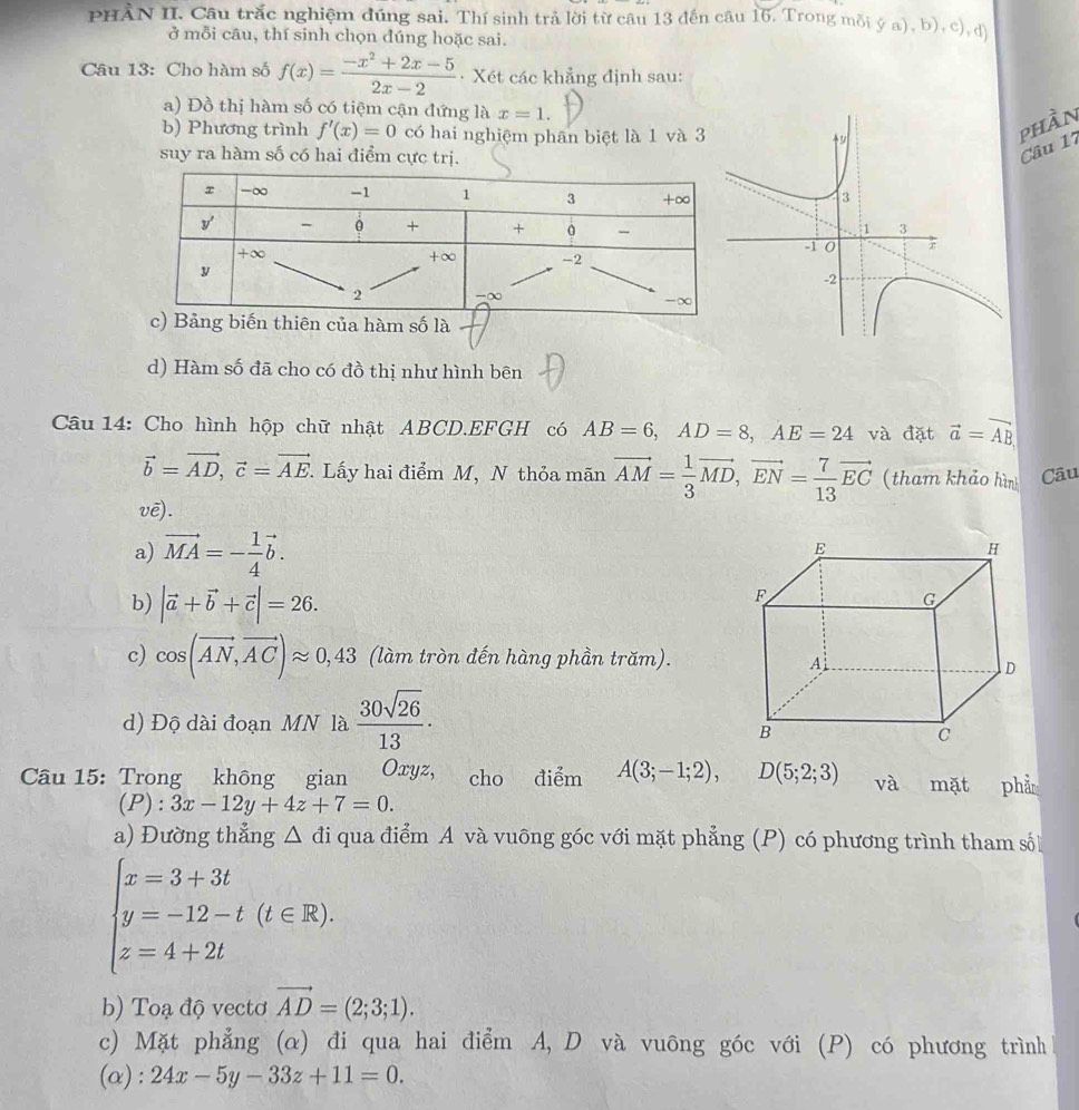 PHÀN II. Câu trắc nghiệm đúng sai. Thí sinh trả lời từ câu 13 đến câu 16. Trong mỗi ý a), b), c), đ
ở mỗi câu, thí sinh chọn đúng hoặc sai.
Câu 13: Cho hàm số f(x)= (-x^2+2x-5)/2x-2  -  Xét các khẳng định sau:
a) Đồ thị hàm số có tiệm cận đứng là x=1.
b) Phương trình f'(x)=0 có hai nghiệm phân biệt là 1 và 3
phần
suy ra hàm số có hai điểm cực trị.
Câu 17
n của hàm số là
d) Hàm số đã cho có đồ thị như hình bên
Câu 14: Cho hình hộp chữ nhật ABCD.EFGH có AB=6,AD=8,AE=24 và đặt vector a=vector AB
vector b=vector AD,vector c=vector AE 7 Lấy hai điểm M, N thỏa mãn vector AM= 1/3 vector MD,vector EN= 7/13 vector EC (tham khảo hìn Cầu
v e).
a) vector MA=- 1/4 vector b.
b) |vector a+vector b+vector c|=26.
c) cos (vector AN,vector AC)approx 0,43 (làm tròn đến hàng phần trăm).
d) Độ dài đoạn MN là  30sqrt(26)/13 .

Câu 15: Trong không gian Oxyz, cho điểm A(3;-1;2), -sqrt(k) D(5;2;3) và mặt phắ
(P): 3x-12y+4z+7=0.
a) Đường thẳng △ di qua điểm A và vuông góc với mặt phẳng (P) có phương trình tham số
beginarrayl x=3+3t y=-12-t(t∈ R). z=4+2tendarray.
b) Toạ độ vectơ vector AD=(2;3;1).
c) Mặt phẳng (α) đi qua hai điểm A, D và vuông góc với (P) có phương trình 
(α): 24x-5y-33z+11=0.