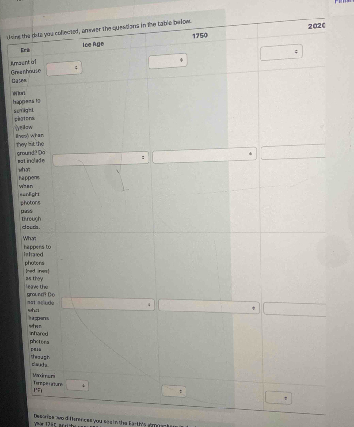 Using the data you collected, answer the questions in the table below.
2020
Era Ice Age 1750
Amount of 
Greenhouse . 
Gases 
What 
happens to 
sunlight 
photons 
(yellow 
lines) when 
they hit the 
ground? Do 
not include ; ; 
what 
happens 
when 
sunlight 
photons 
pass 
through 
clouds. 
What 
happens to 
infrared 
photons 
(red lines) 
as they 
leave the 
ground? Do 
not include 
; 
what 
* 
happens 
when 
infrared 
photons 
pass 
through 
clouds. 
Maximum 
Temperature ^ 
(°F) 
Describe two differences you see in the Earth's atmospher
year 1750, and the