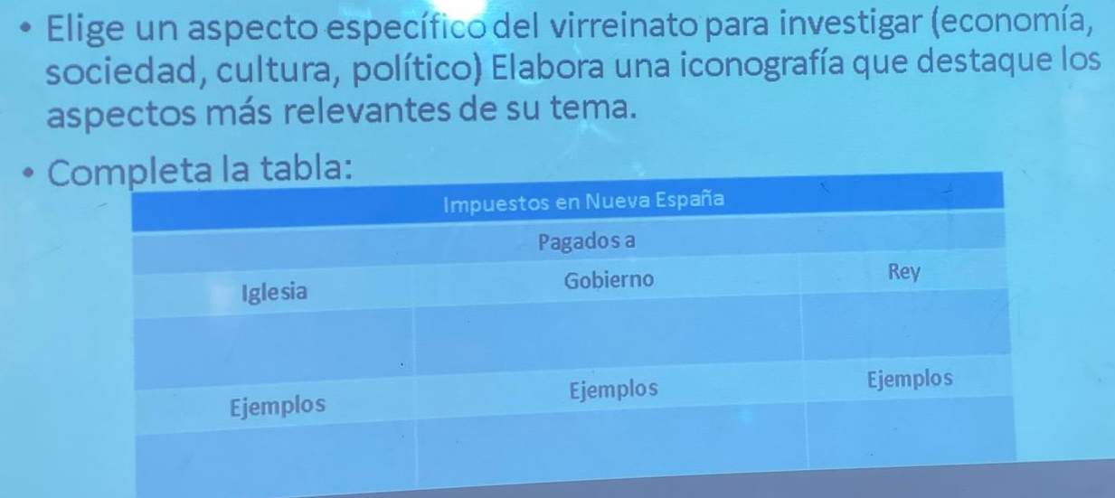 Elige un aspecto específico del virreinato para investigar (economía, 
sociedad, cultura, político) Elabora una iconografía que destaque los 
aspectos más relevantes de su tema. 
C