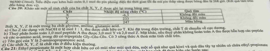 96500 C/mol). Nếu điện cực kêm hao môn 0,1 mol do pin phóng điện thi thời gian tối đa mã pin thấp sáng được bóng đên là 268 giớ. (Kết quá làm trồn
đến hàng đơn vị).
Câu 20: Khả
Biết X, Y, Z là một trniline, glutamic
a) Cho Z tác dụng với NaOH tỉ lệ mol 1 : 1, thu được chất hữu cơ T. Khi đặt trong diện trường, chất T di chuyển về cực dương.
b) Thuỷ phân hoàn toàn 1,0 mol peptide A thu được 3,0 mol Y và 2,0 mol Z. Mặt khác, nếu thuy phân không hoàn toàn A thu được hỗn hợp các peptide
và các α-amino acid, trong đó có tripeptide Gly-Glu-Glu. Có 3 công thức A thoả mãn tính chất trên.
c) Tên gọi của Y là 2-aminopropanonic acid.
d) Các chất X, Y, Z là chất răn ở điều kiện thường.
Câu 21: Ethyl propionate là một hợp chất hữu cơ có mùi như mùi quả dứa, một số quả như quả kiwi và quả dầu tây tự nhiên có chứa ethyl propionate