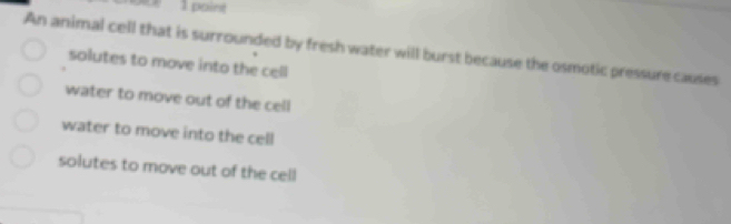 oe 1 point
An animal cell that is surrounded by fresh water will burst because the osmotic pressure causes
solutes to move into the cell
water to move out of the cell
water to move into the cell
solutes to move out of the cell