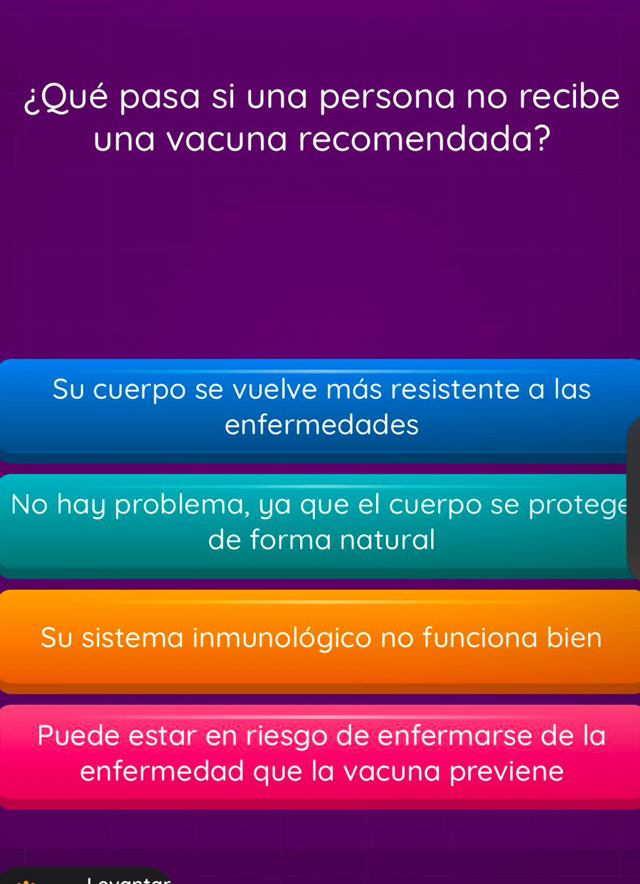 ¿Qué pasa si una persona no recibe
una vacuna recomendada?
Su cuerpo se vuelve más resistente a las
enfermedades
No hay problema, ya que el cuerpo se protege
de forma natural
Su sistema inmunológico no funciona bien
Puede estar en riesgo de enfermarse de la
enfermedad que la vacuna previene