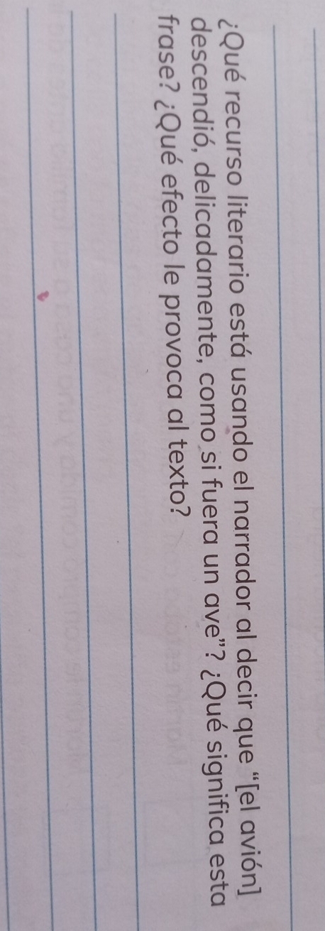 ¿Qué recurso literario está usando el narrador al decir que “[el avión] 
descendió, delicadamente, como si fuera un ave”? ¿Qué significa esta 
frase? ¿Qué efecto le provoca al texto? 
_ 
_ 
_