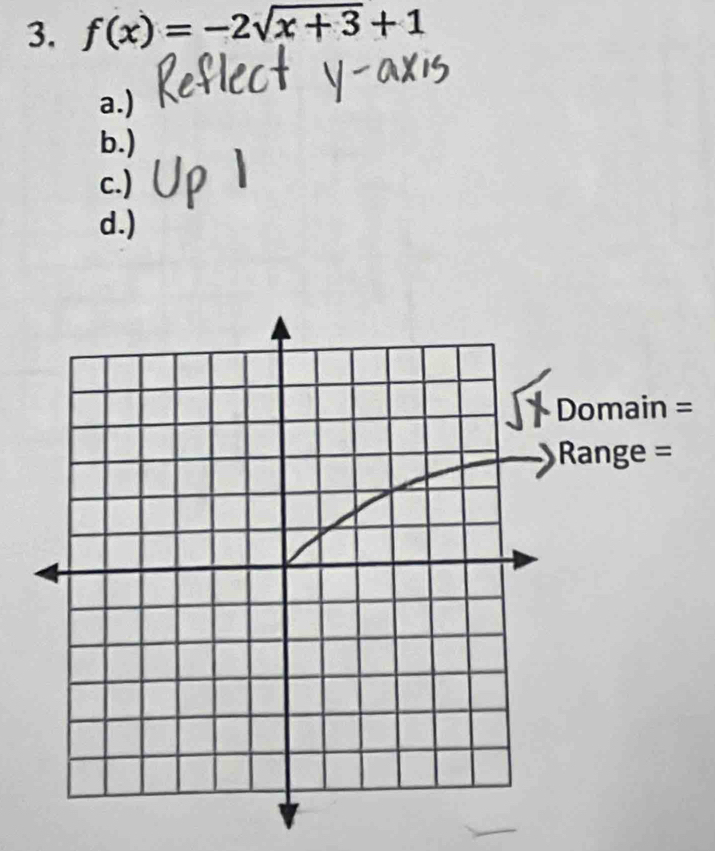 f(x)=-2sqrt(x+3)+1
a.)
b.)
c.)
d.)
=