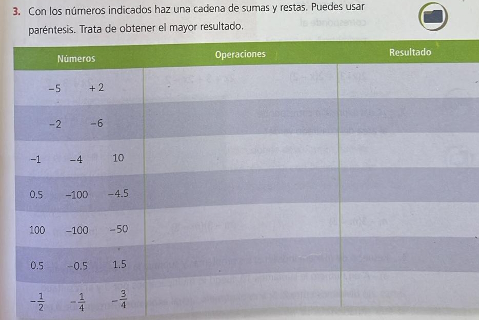 Con los números indicados haz una cadena de sumas y restas. Puedes usar
paréntesis. Trata de obtener el mayor resultado.