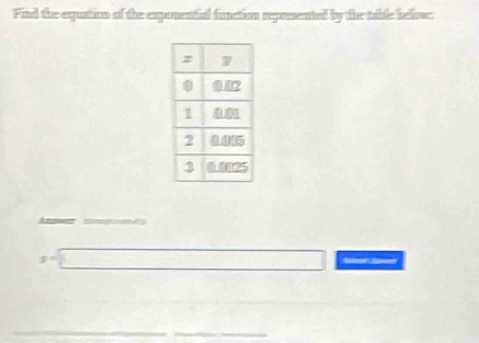 Find the equstion of the exponential function apresented by the tble belowe 
__