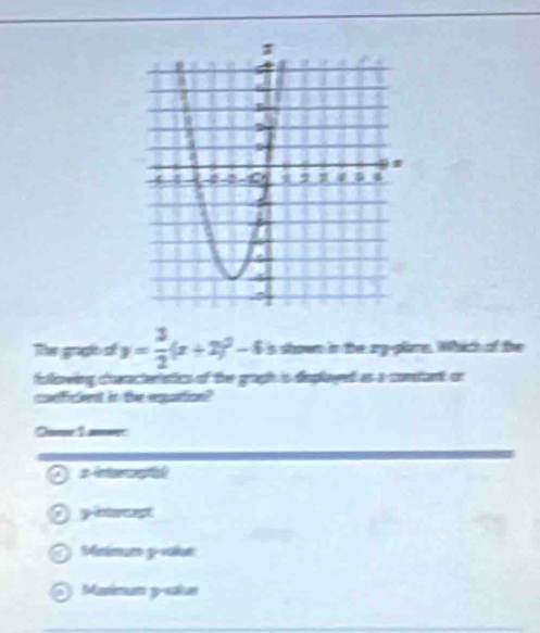 Te gragh of y= 3/2 (x+2)^2-6 is shown in the ary-pliame. Which of the
foloving charactenatics of the graph is displayed as a corstant or
coeficent in the eqation?
Crume 1 ammerr
2 interapts)
yinecest
Minimum 3 sokun
Masimuts gskue