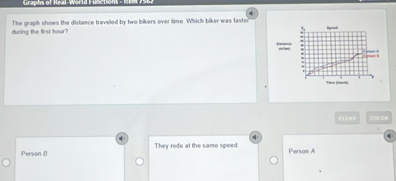 Graphs of Real-World Functions - Item 7562
The graph shows the distance traveled by two bikers over time. Which biker was faster
y
during the first hour? Speed
Oistanca
(mies) Parson A
Parwan 1
1
Time (hours)
CL EAR CHECK
They rode at the same speed
Person B Person A