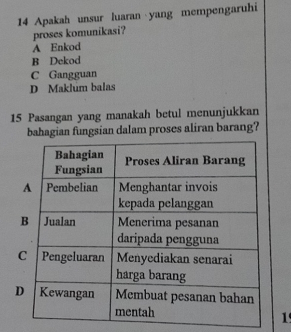 Apakah unsur luaran yang mempengaruhi
proses komunikasi?
A Enkod
B Dekod
C Gangguan
D Maklum balas
15 Pasangan yang manakah betul menunjukkan
bahagian fungsian dalam proses aliran barang?
1