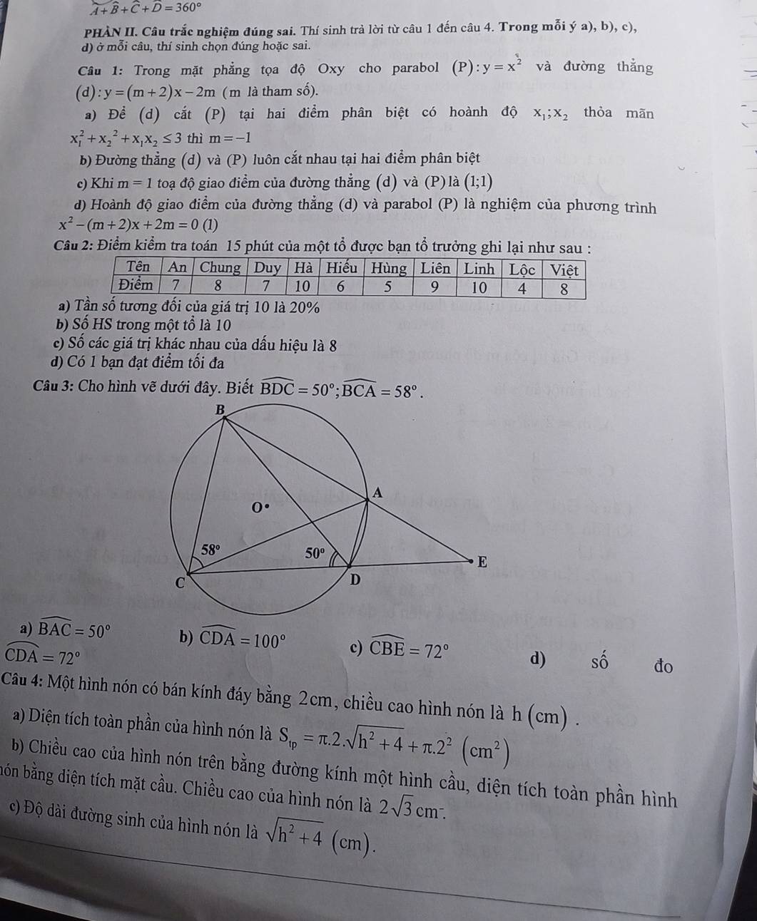 A+B+C+D=360°
PHÀN II. Câu trắc nghiệm đúng sai. Thí sinh trà lời từ câu 1 đến câu 4. Trong mỗi ý a), b), c),
d) ở mỗi câu, thí sinh chọn đúng hoặc sai.
Cầâu 1: Trong mặt phẳng tọa độ Oxy cho parabol (P) :y=x^(frac 1)2 và đường thẳng
(d):y=(m+2)x-2m ( m là tham số).
a) Để (d) cắt (P) tại hai điểm phân biệt có hoành độ x_1;x_2 thòa mãn
x_1^(2+x_2^2+x_1)x_2≤ 3 thì m=-1
b) Đường thẳng (d) và (P) luôn cắt nhau tại hai điểm phân biệt
c) Khi m=1 toạ độ giao điểm của đường thẳng (d) và (P) là (1;1)
d) Hoành độ giao điểm của đường thẳng (d) và parabol (P) là nghiệm của phương trình
x^2-(m+2)x+2m=0 (1)
Câu 2: Điểm kiểm tra toán 15 phút của một tổ được bạn tổ trưởng ghi lại như sau :
a) Tần số tương đối của giá trị 10 là 20%
b) Số HS trong một tổ là 10
c) Số các giá trị khác nhau của dấu hiệu là 8
d) Có 1 bạn đạt điểm tối đa
Câu 3: Cho hình vẽ dưới đây. Biết widehat BDC=50°;widehat BCA=58°.
a) widehat BAC=50° b) widehat CDA=100° c) widehat CBE=72° shat O đo
widehat CDA=72°
d)
Câu 4: Một hình nón có bán kính đáy bằng 2cm, chiều cao hình nón là h (cm) .
a) Diện tích toàn phần của hình nón là S_tp=π .2.sqrt(h^2+4)+π .2^2(cm^2)
b) Chiều cao của hình nón trên bằng đường kính một hình cầu, diện tích toàn phần hình
bón bằng diện tích mặt cầu. Chiều cao của hình nón là 2sqrt(3)cm^-.
c) Độ dài đường sinh của hình nón là sqrt(h^2+4) (cm).