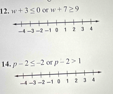 w+3≤ 0 or w+7≥ 9
14. p-2≤ -2 or p-2>1