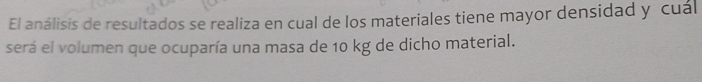 El análisis de resultados se realiza en cual de los materiales tiene mayor densidad y cuál 
será el volumen que ocuparía una masa de 10 kg de dicho material.