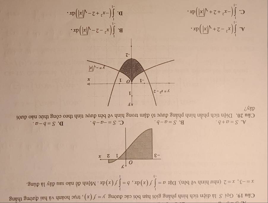 Gọi S là diện tích hình phẳng giới hạn bởi các đường y=f(x) , trục hoành và hai đường thắng
x=-3,x=2 (như hình vẽ bên). Đặt a=∈tlimits _(-3)^1f(x)dx,b=∈tlimits _1^(2f(x)dx. Mệnh đề nào sau đây là đúng.
A. S=a+b. B. S=a-b. C. S=-a-b. D. S=b-a.
Câu 20. Diện tích phần hình phẳng được tô đậm trong hình vẽ bên được tính theo công thức nào dưới
đây?
A. ∈tlimits _(-1)^1(x^2)-2+sqrt(|x|))dx. ∈tlimits _(-1)^1(x^2-2-sqrt(|x|))dx.
B.
C. ∈tlimits _(-1)^1(-x^2+2+sqrt(|x|))dx. ∈tlimits _(-1)^1(-x^2+2-sqrt(|x|))dx.
D.